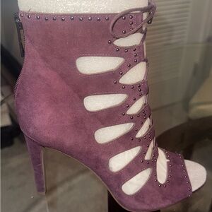 Suede Cutout Lace-Up High Heel Bootie in Plum - Size 8.